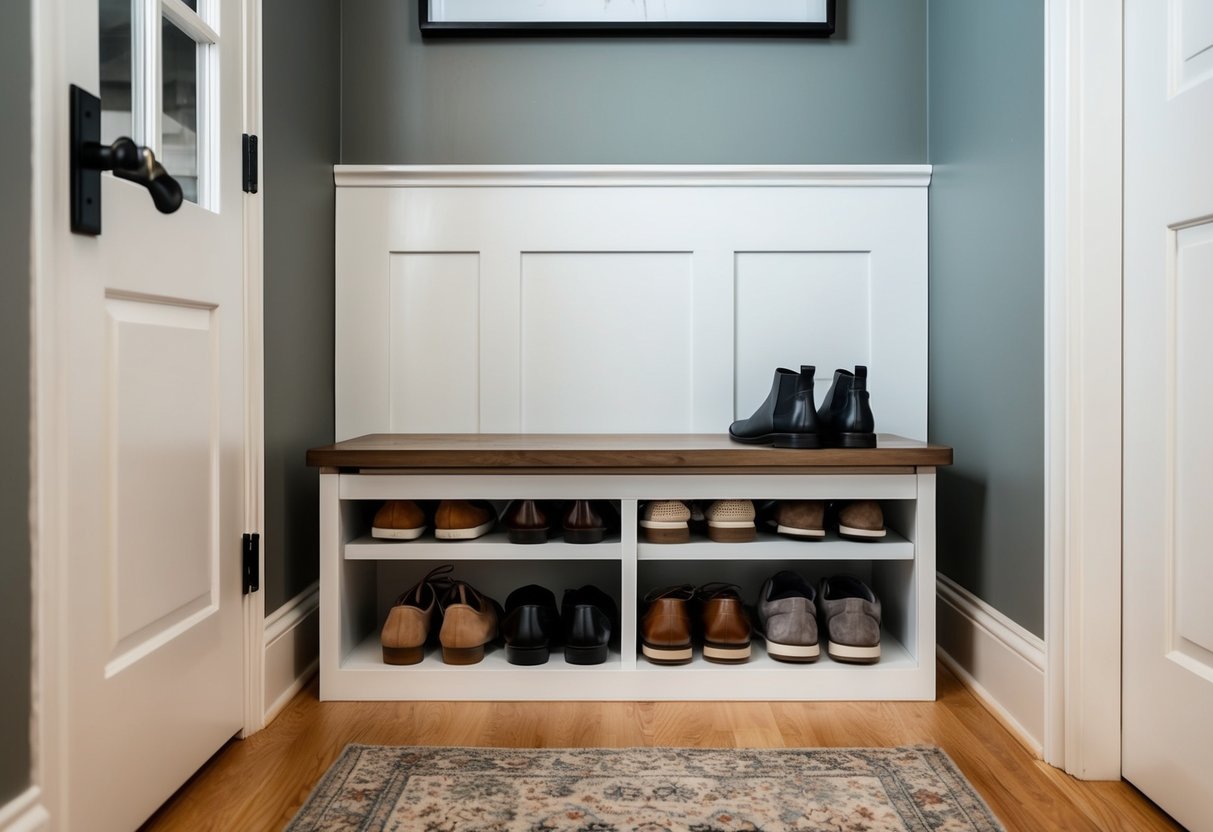 A bench with built-in shoe storage sits in a tidy entryway, with shoes neatly arranged inside and a few pairs placed on top