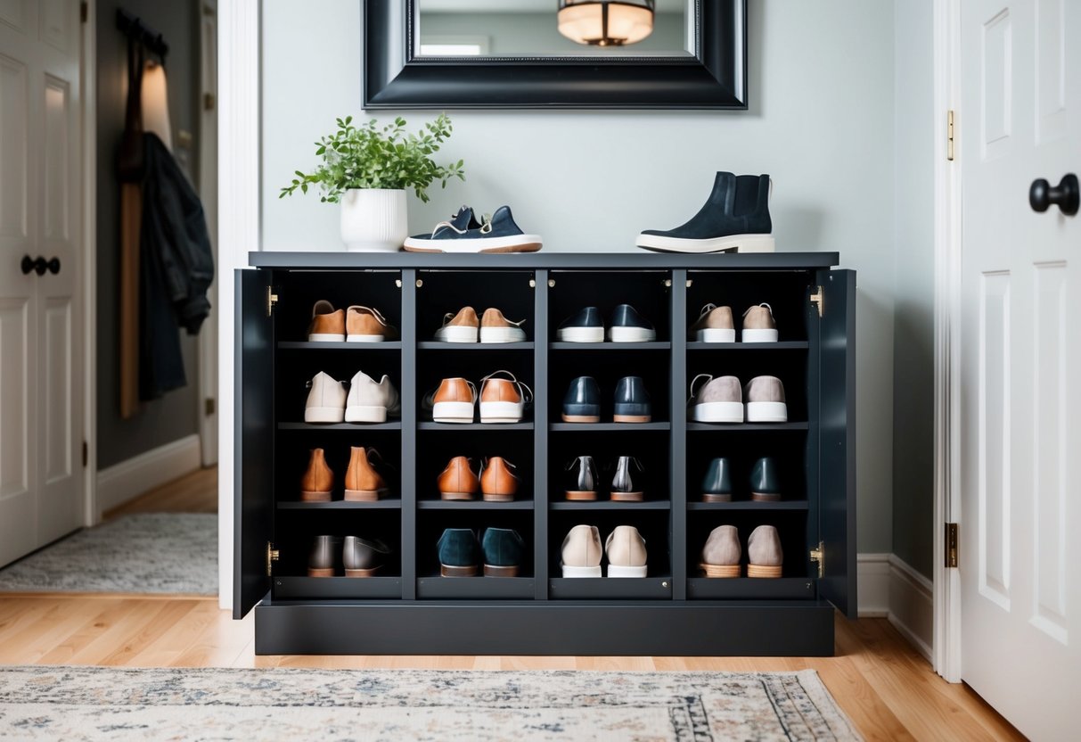 A sleek shoe storage cabinet with 12 compartments neatly organized in an entryway, showcasing various pairs of shoes and keeping the area clutter-free