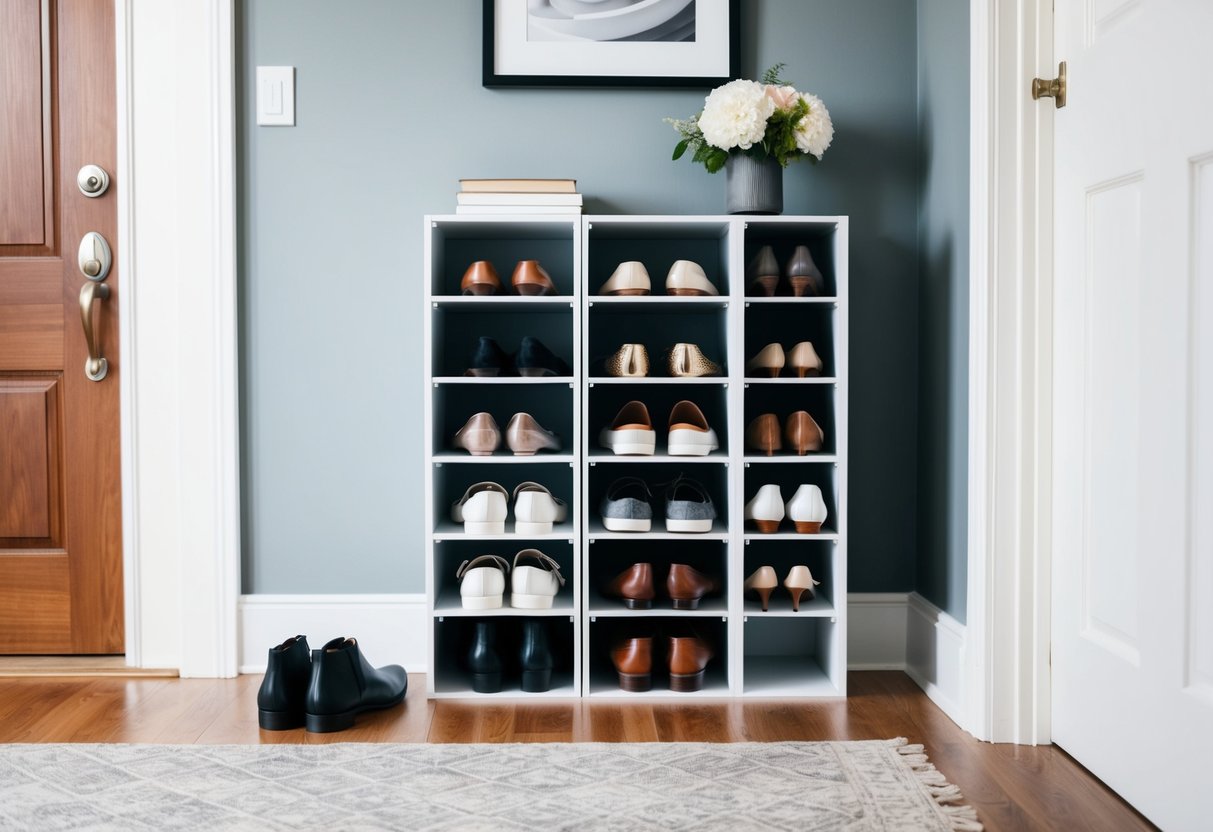 A stackable shoe shelf with 12 compartments neatly holds various pairs of shoes in an organized entryway