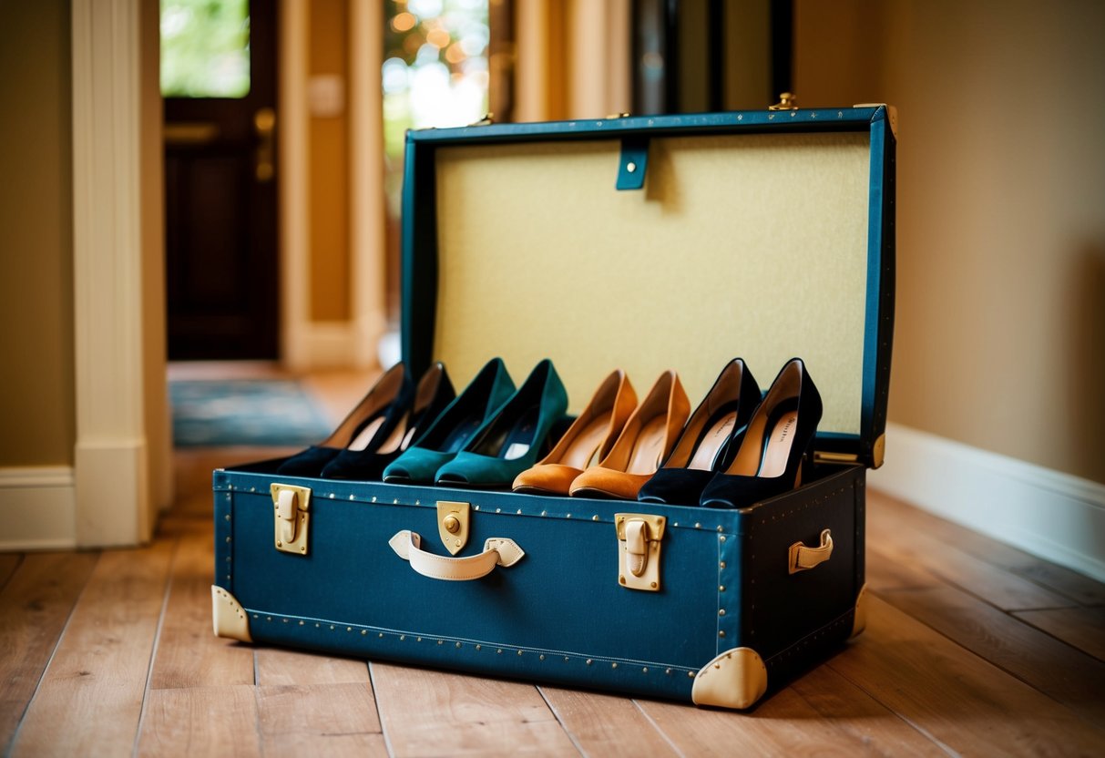 A vintage trunk filled with neatly arranged shoes, placed in an entryway with a warm, welcoming ambiance