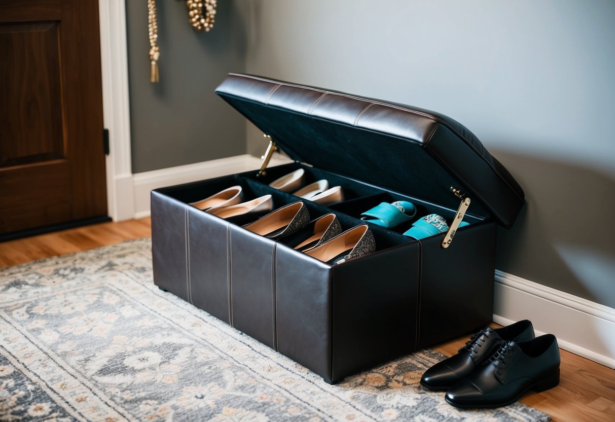 A shoe storage ottoman in a stylish entryway, with neatly organized shoes and accessories tucked away inside