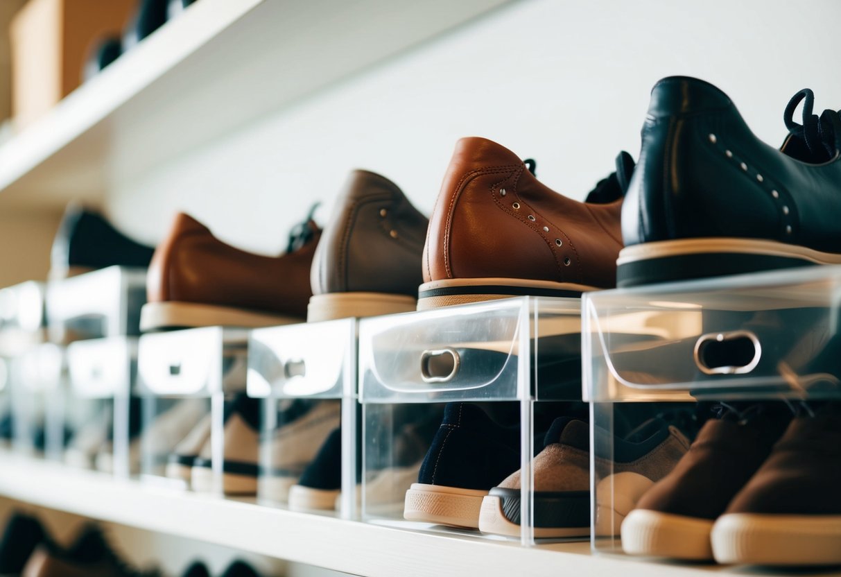 A row of clear shoe boxes neatly organized on a shelf, with various pairs of shoes visible inside