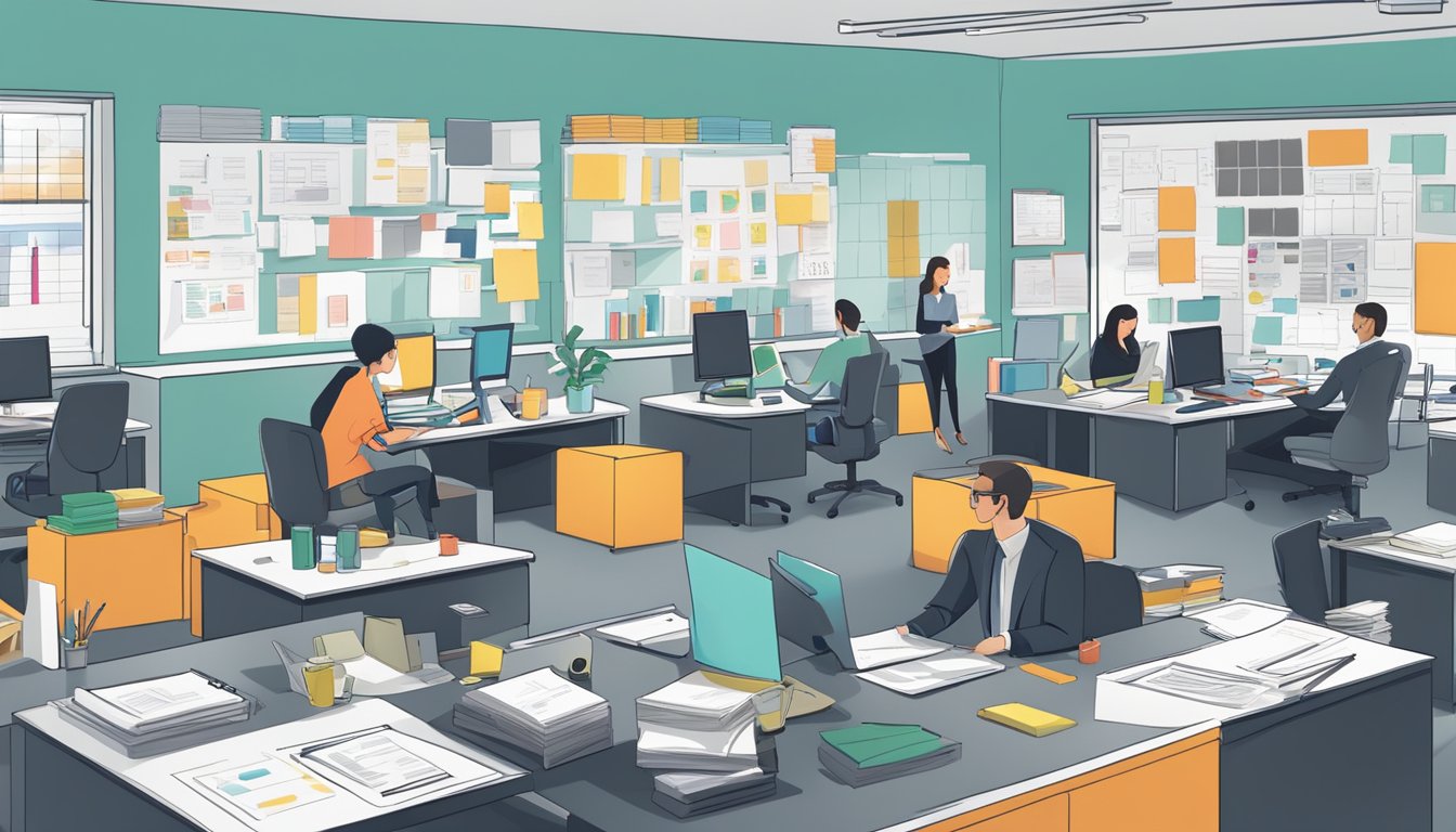 Et travelt kontor med folk som jobber ved skrivebord, hyller med filer, og en tavle med diagrammer og grafer