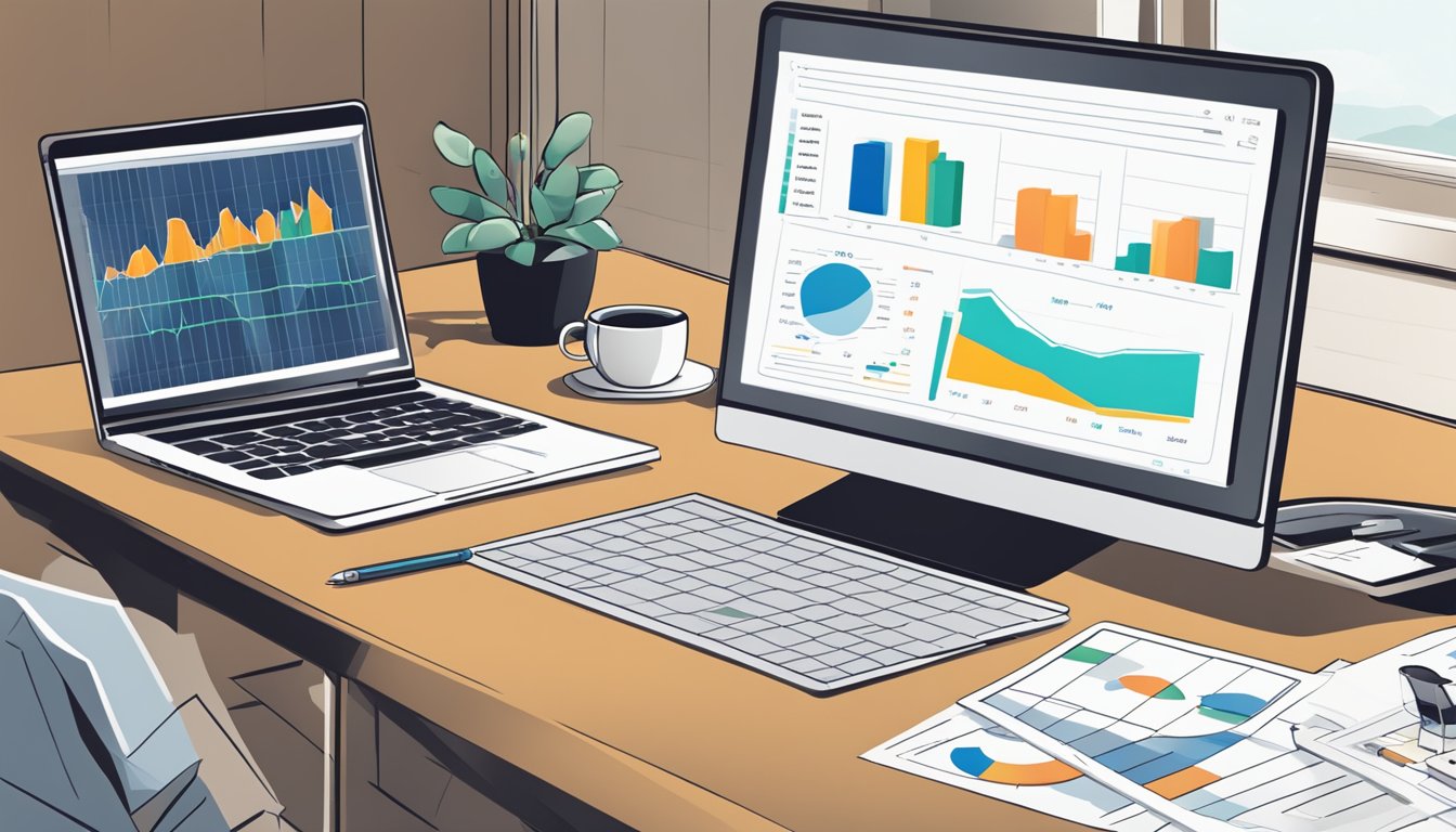 Et skrivebord med en bærbar datamaskin, notatbok og penn omringet av diagrammer og grafer. En kopp kaffe står ved siden av den bærbare datamaskinen.