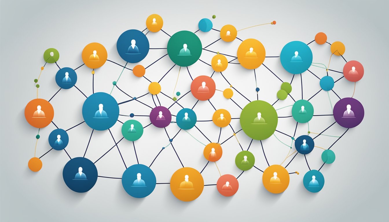 En gruppe sammenkoblede sirkler som representerer et organisasjonskart, med mindre sirkler som representerer individuelle teammedlemmer som grener seg ut fra hovedstrukturen.