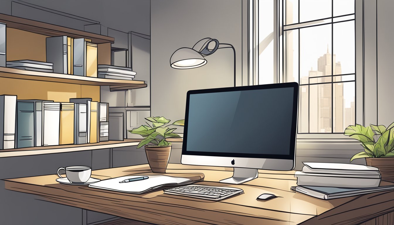 Et moderne kontorbord med en bærbar PC, notatbok og penn. En kopp kaffe står ved siden av datamaskinen. Et stort vindu slipper inn naturlig lys.