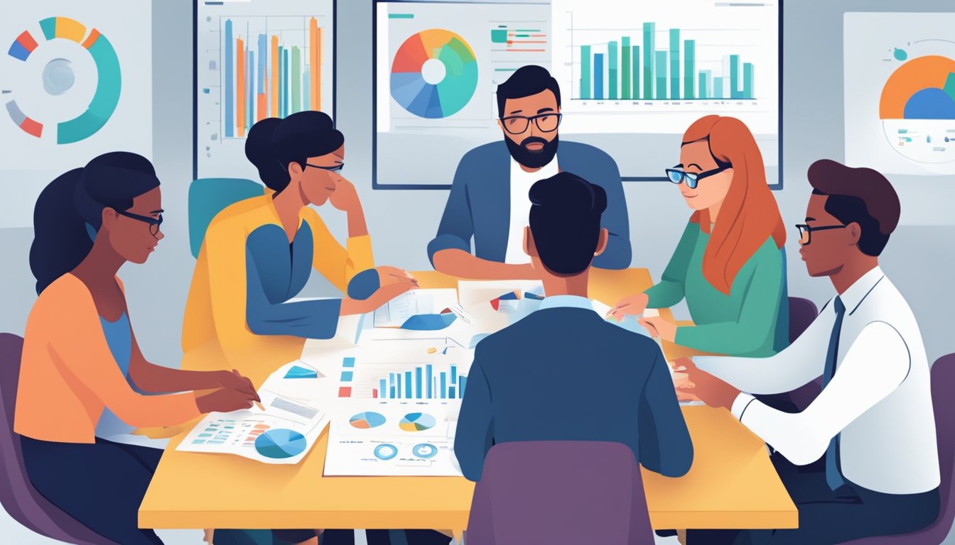 En gruppe mennesker som brainstormer og diskuterer ideer rundt et bord med diagrammer og grafer vist på en skjerm