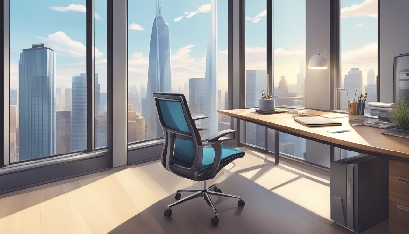 Et stilrent, moderne kontorbord med en bærbar PC, notatbok og penn. Et stort vindu gir utsikt over en bysilhuett, og slipper naturlig lys inn i rommet.