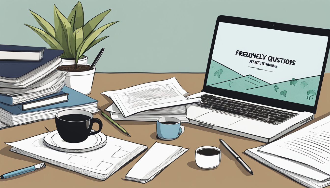 Et skrivebord med en bærbar datamaskin, notatbok og penn. En stabel med papirer merket "Ofte stilte spørsmål forretningsplan mal" står ved siden av en kopp kaffe.