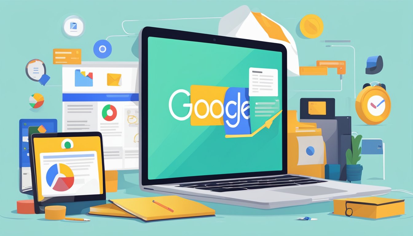 En bærbar datamaskin med Google-søkessiden åpen, omgitt av forskjellige gjenstander relatert til online annonsering