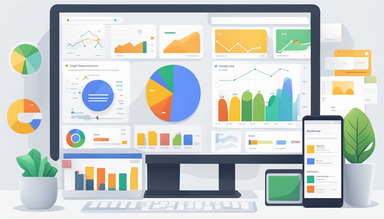 En dataskjerm med Google Ads-plattformen åpen, som viser ulike annonsealternativer og analyser
