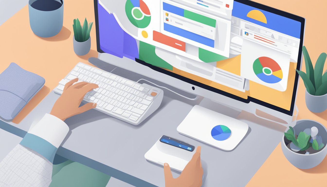 En datamaskin med et Google Ads-grensesnitt åpent på skjermen, med en persons hånd som rekker ut etter musen