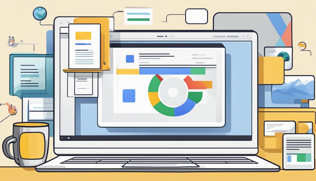 En bærbar datamaskin som viser et Google annonseformat med ulike innholdselementer og grafikk