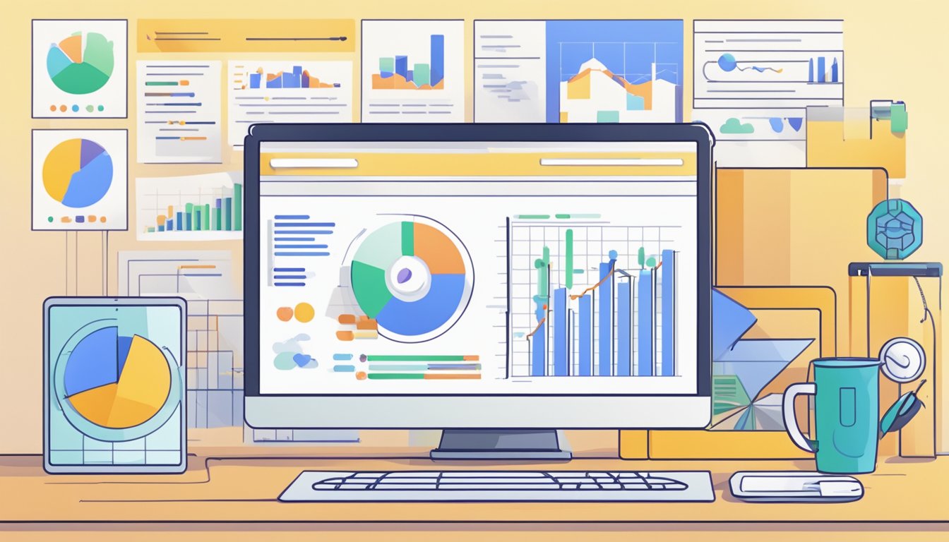 En dataskjerm som viser en Google annonsebudgivning og konverteringsprosess, med diagrammer og dataanalyse i bakgrunnen