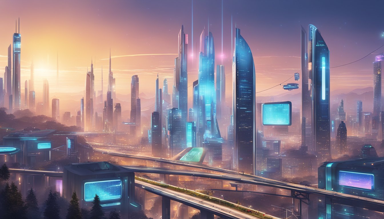 En futuristisk bylandskap med digitale reklameskilt som viser AI- og automatiseringskonsepter