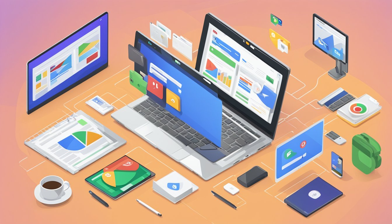 En bærbar datamaskin som viser Google Ads integrert med ulike plattformer og tjenester