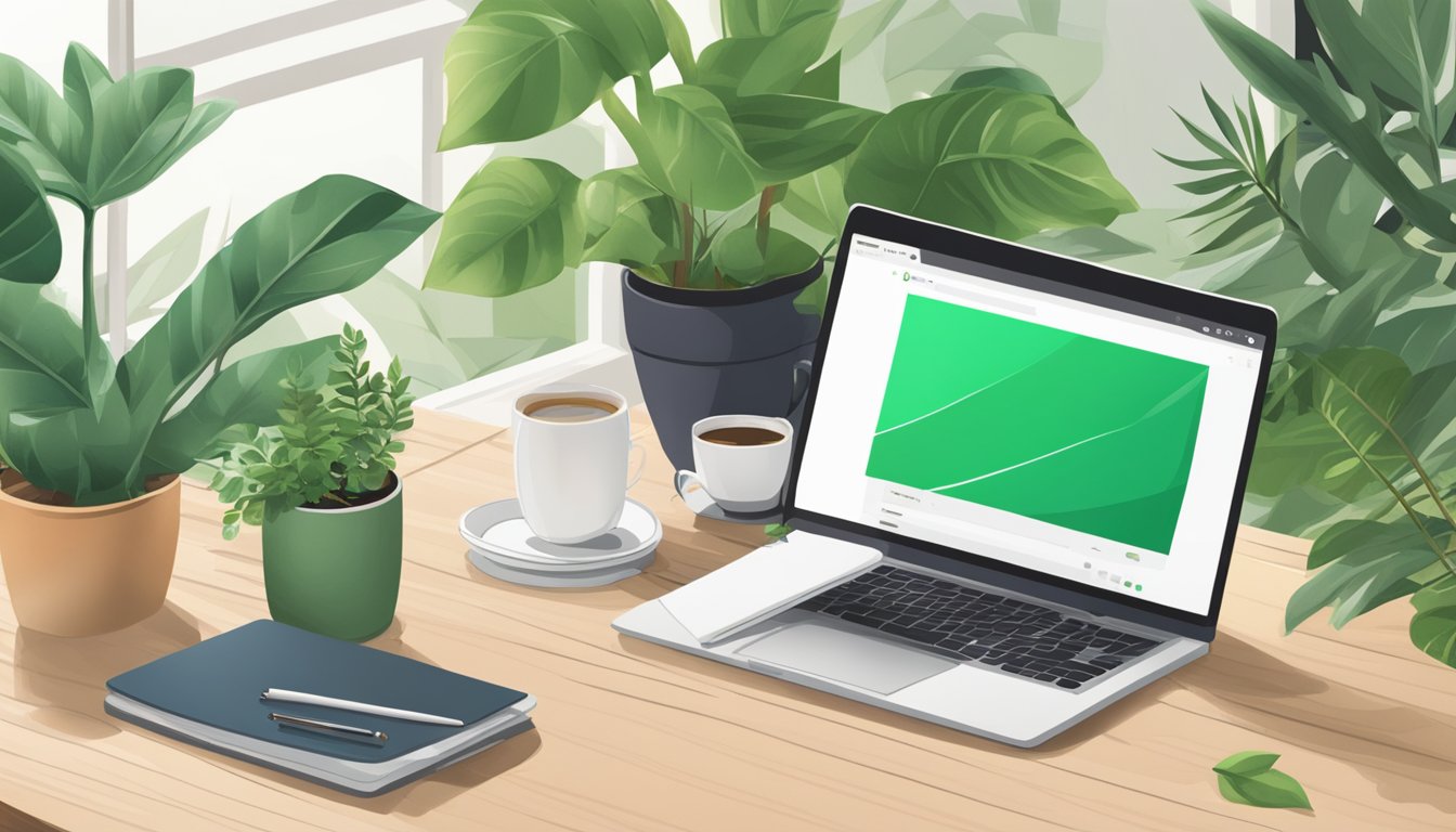 En bærbar datamaskin med MailerLite-nettsiden åpen, omringet av planter og en kopp kaffe på et trebord