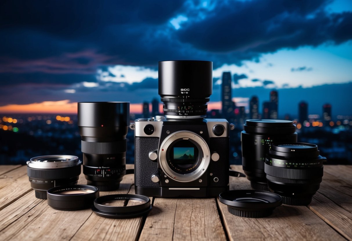 A medium format camera system with interchangeable lenses and accessories set against a backdrop of dramatic landscape or urban cityscape