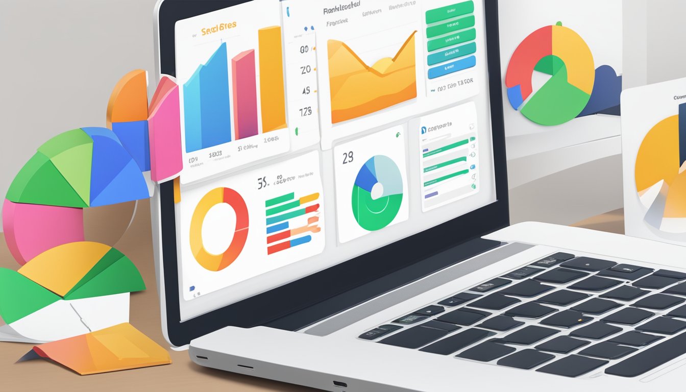 En bærbar datamaskin som viser et mailerlite e-postkampanje ytelsesdashbord med fargerike diagrammer og grafer