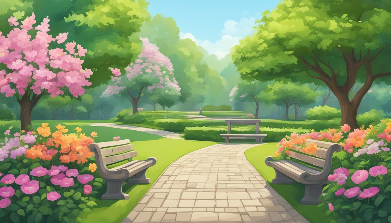 En fredelig park med forskjellige stier og benker, omkranset av frodig grønt og blomstrende blomster