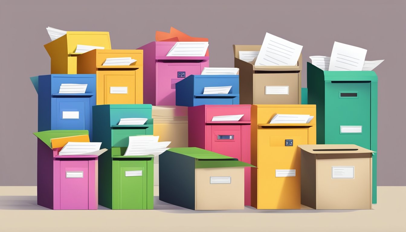 En stabel med fargerike konvolutter med ordene "Ofte stilte spørsmål" på, omgitt av åpne postkasser og et travelt postkontor