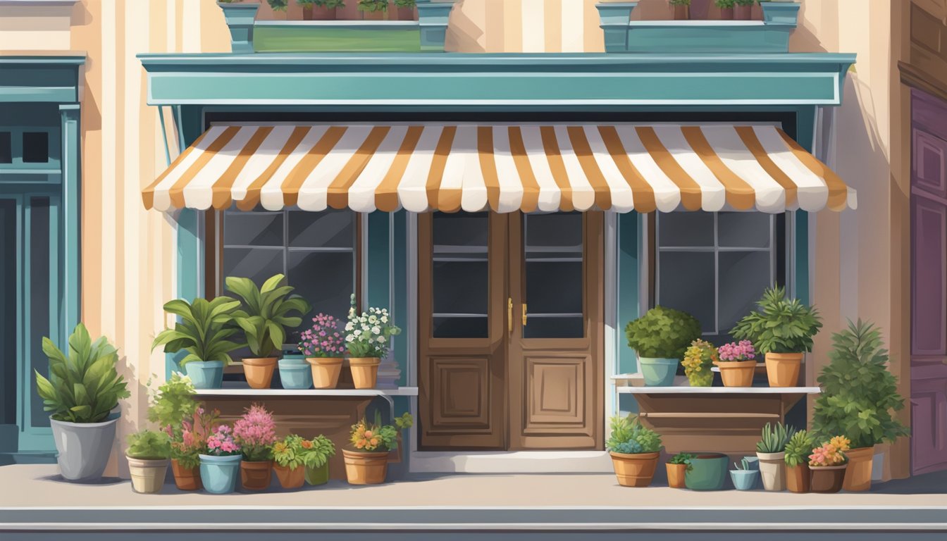 En sjarmerende butikk med stripete markise og potteplanter