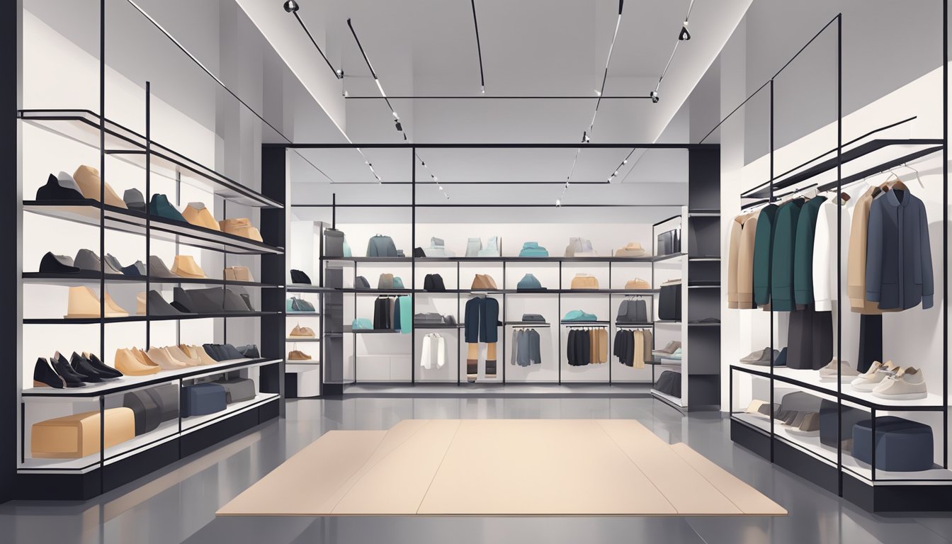 En moderne moteboutique med et stilrent og minimalistisk design, som viser et variert utvalg av klær og tilbehør på utstillingshyller og hyller.