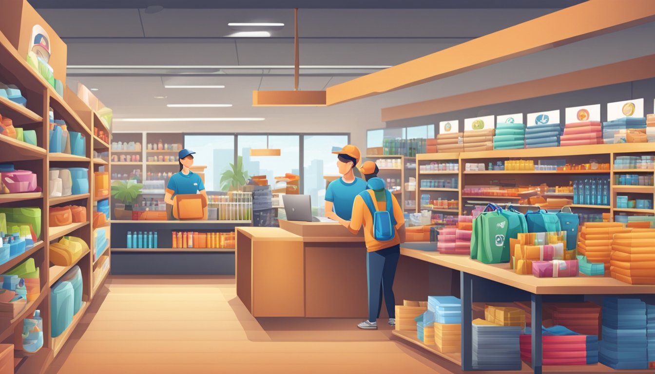 En travlende nettbutikk med sport- og fritidsartikler utstilt på hyller, med en kasse og et leveringsområde i bakgrunnen