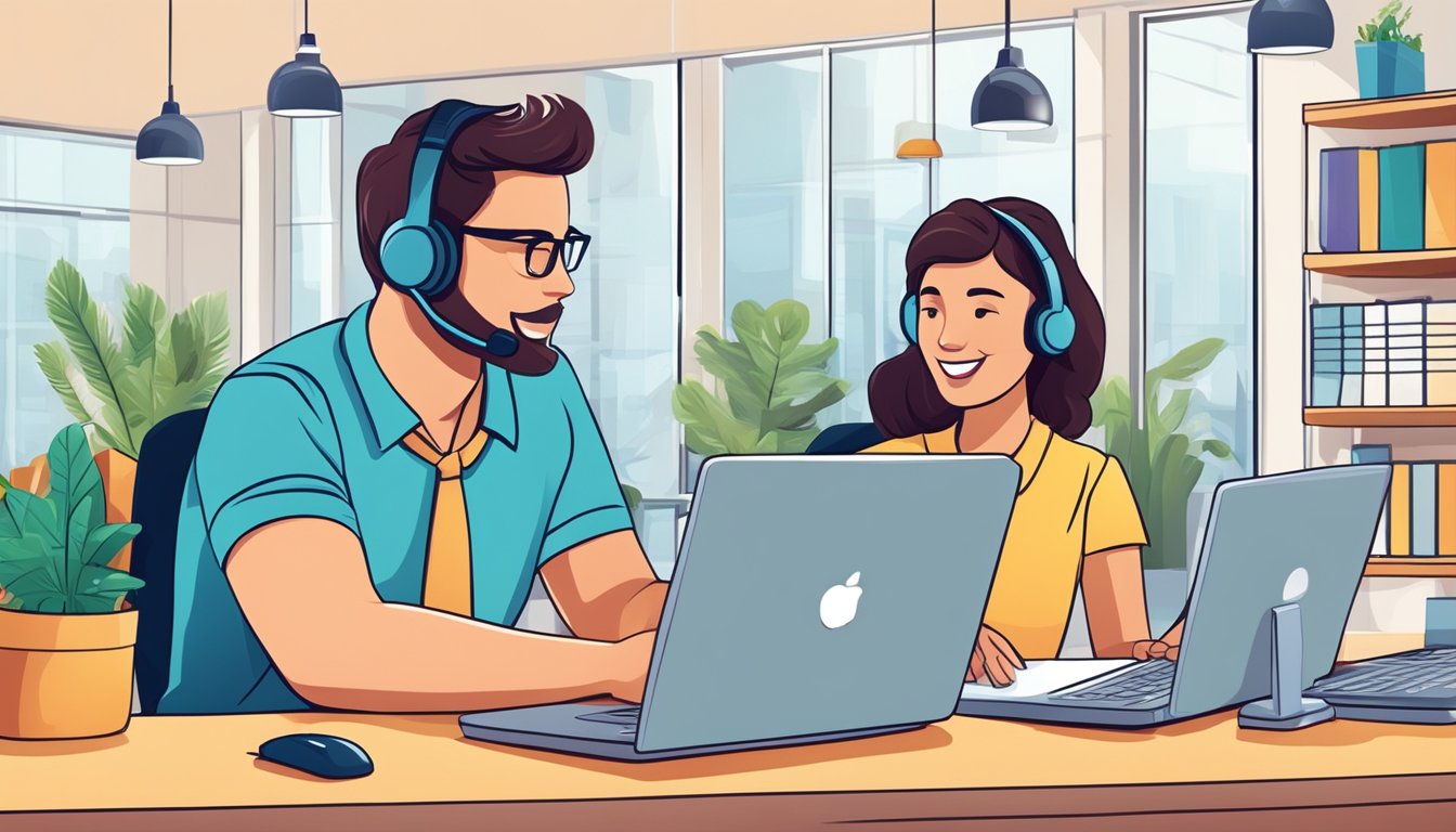 En kundeservicerepresentant som hjelper en kunde med kjøpsbetingelser i en nettbutikk