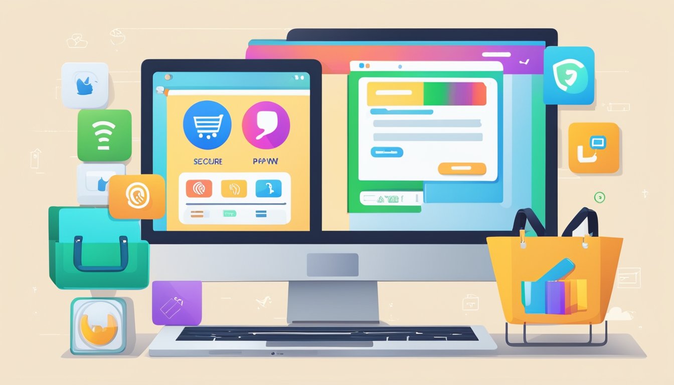 En dataskjerm som viser forskjellige produkter med en "Handle nå"-knapp, omgitt av ikoner for sosiale medier og et sikkert betalingsmerke.