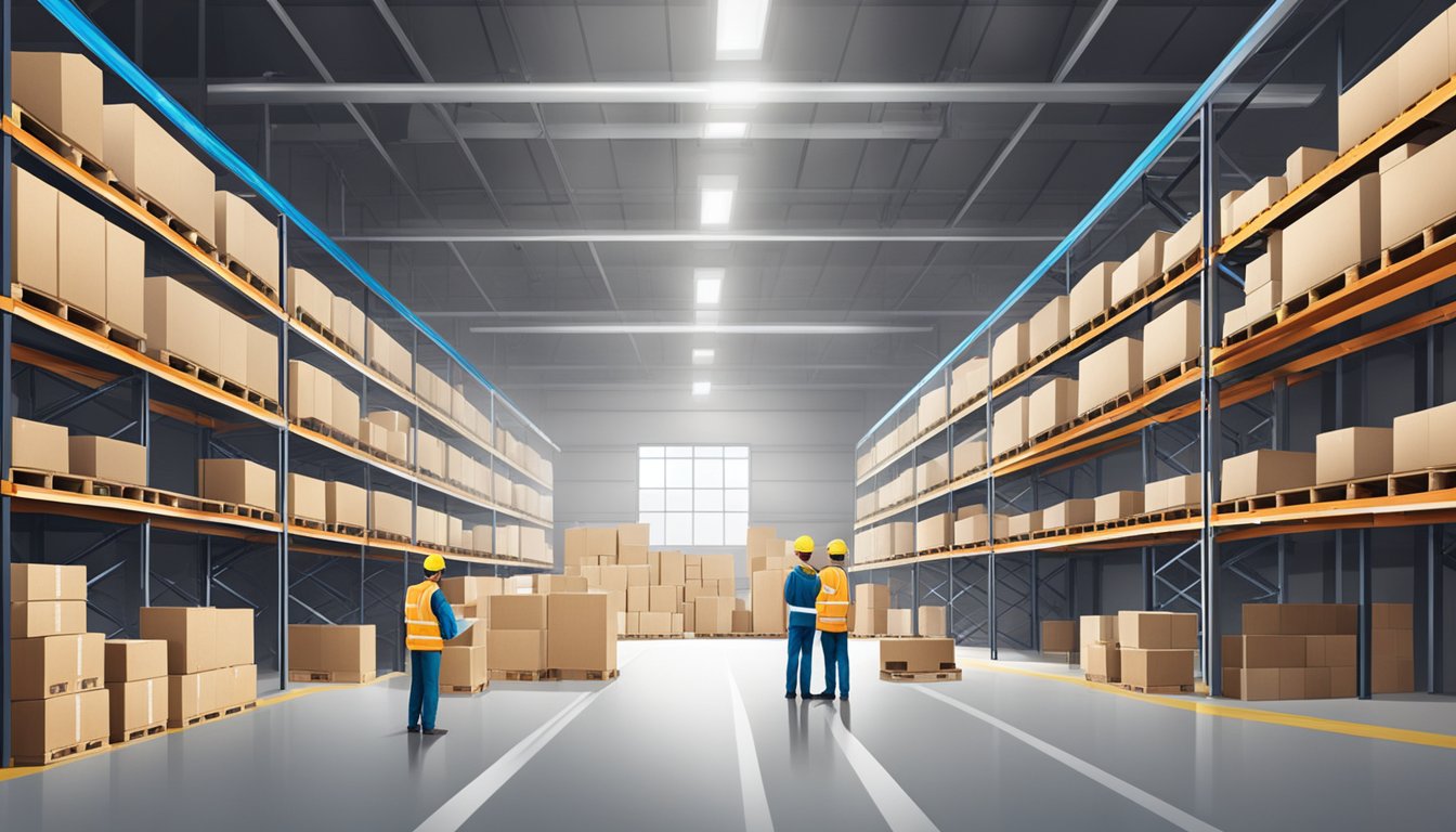 Et lager med hyller av produkter, en lastebrygge med leveringsbiler, og arbeidere som organiserer pakker for frakt
