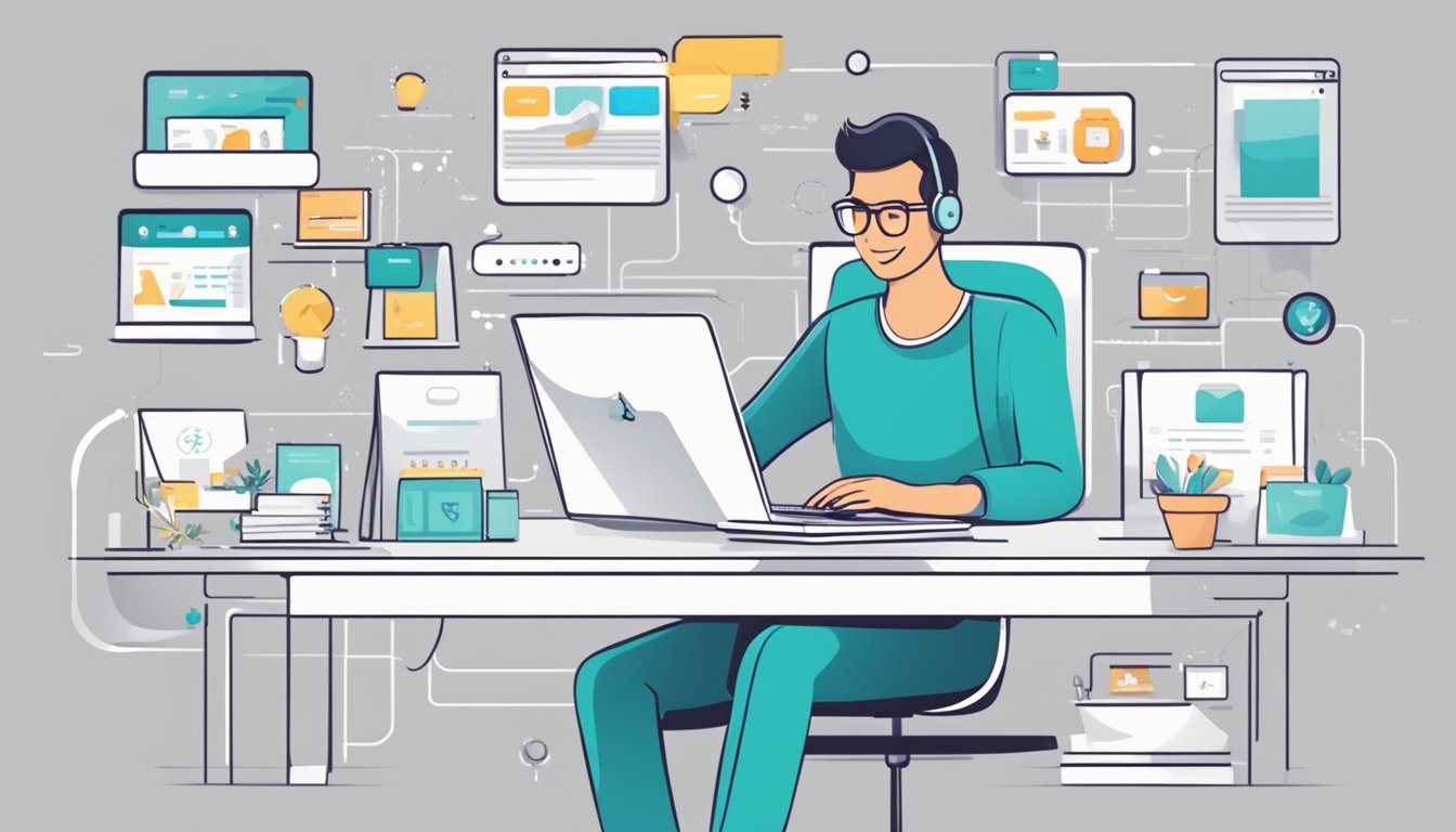 En kunde som surfer på nettet, omringet av produkter og personlige anbefalinger, med et lojalitetsprogram og synlige kundestøttealternativer