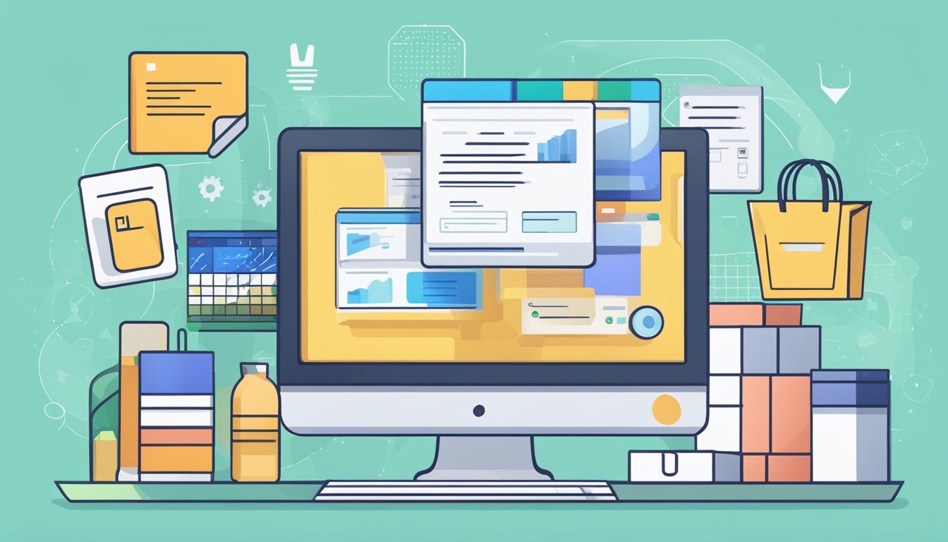 En dataskjerm med en åpen "Ofte stilte spørsmål"-side, omgitt av forskjellige produkter og et handlekurvikon