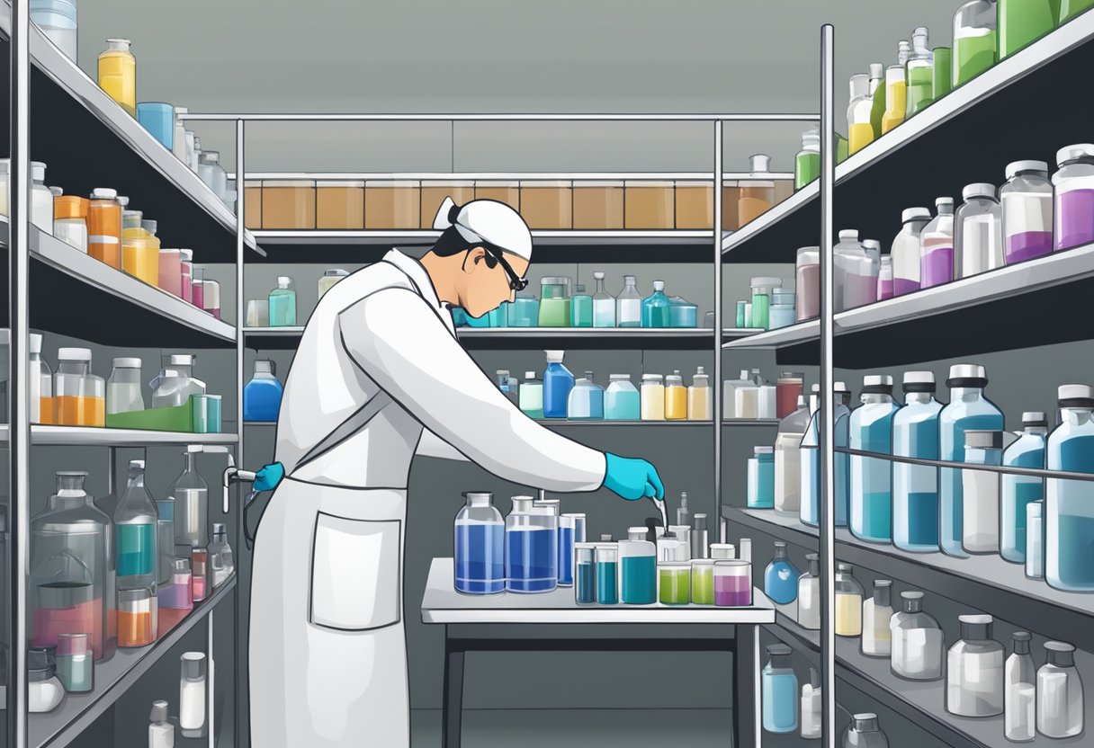 A laboratory setting with shelves of chemical containers and equipment, a technician handling a sample of 4-Bromo Acetophenone