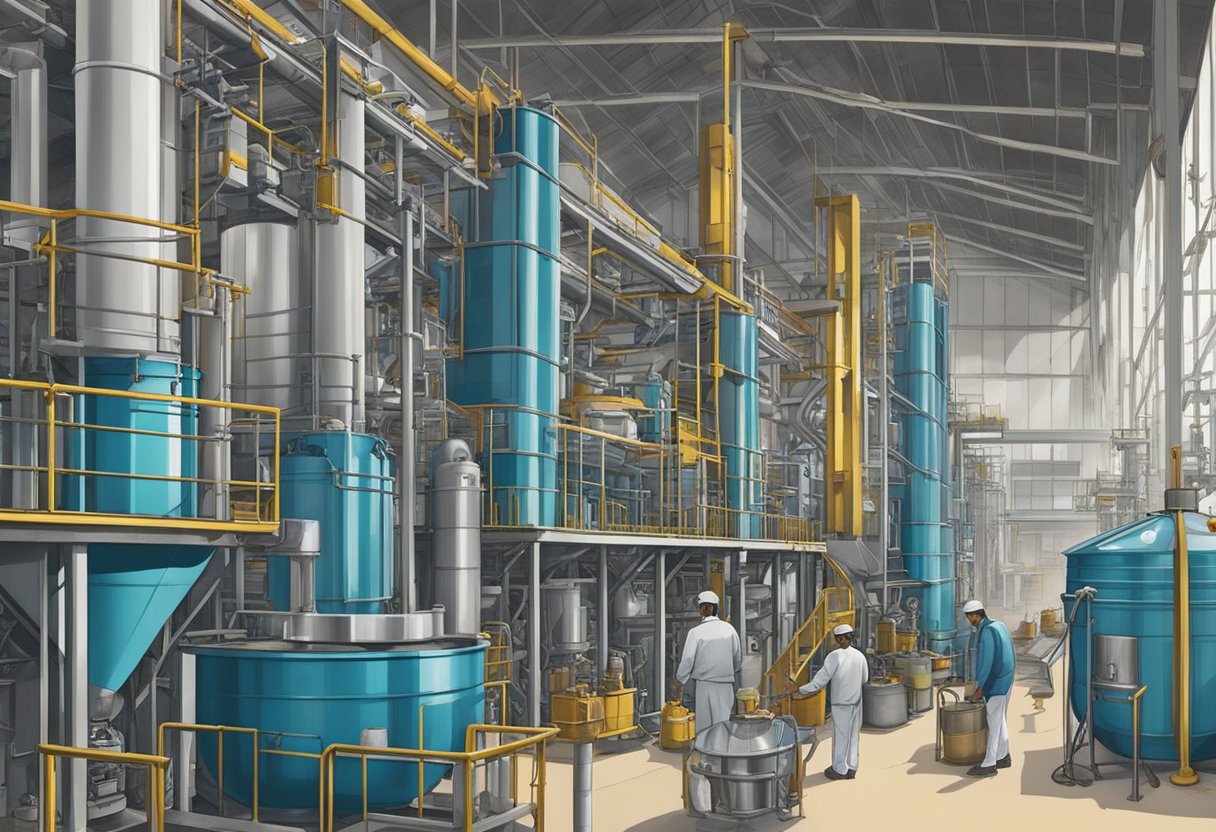 A factory in India produces and supplies 2-Furoic Acid, with large industrial equipment and workers moving materials