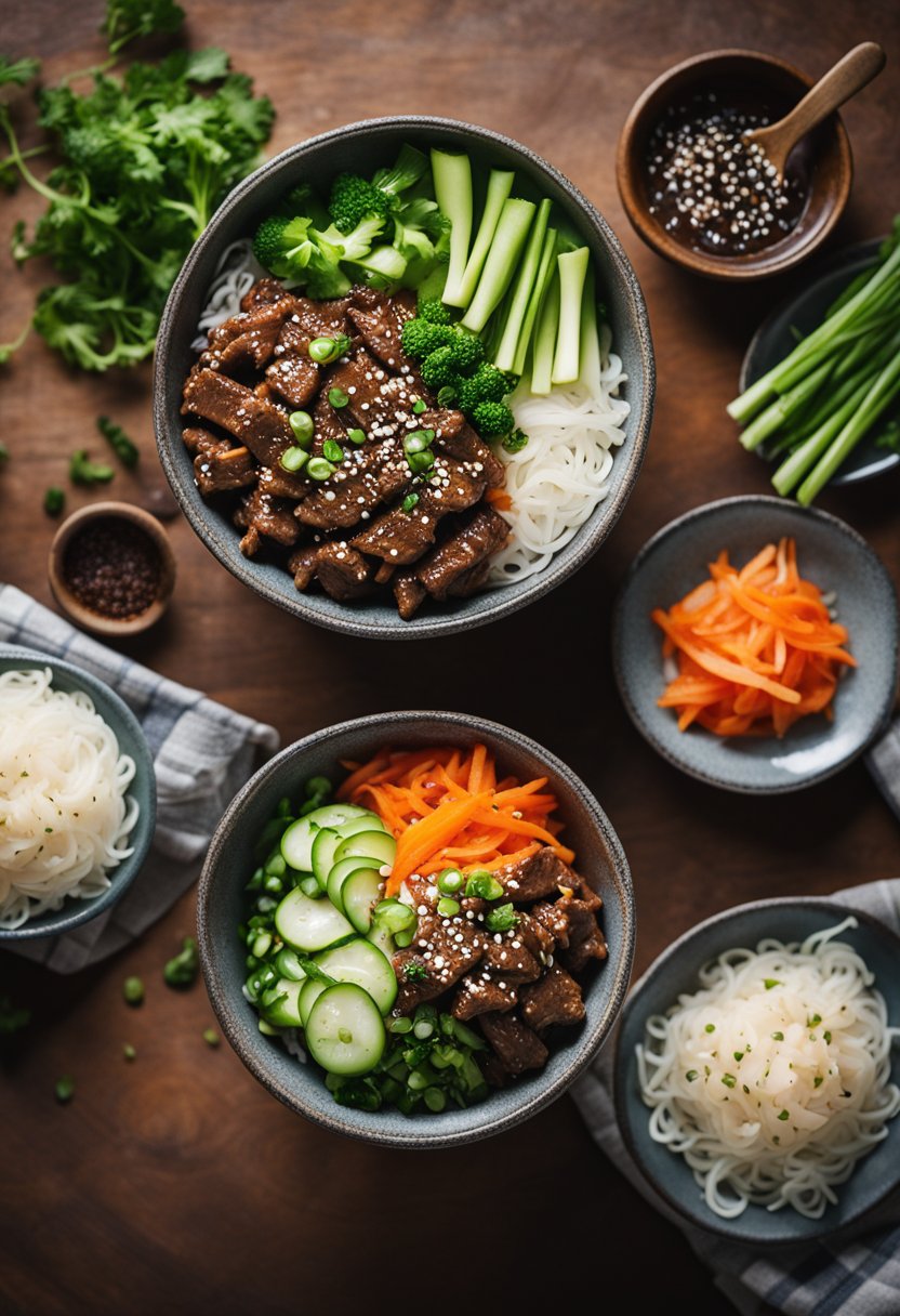 A steaming bowl of Korean beef, topped with sesame seeds and green onions, surrounded by colorful vegetables and a side of kimchi