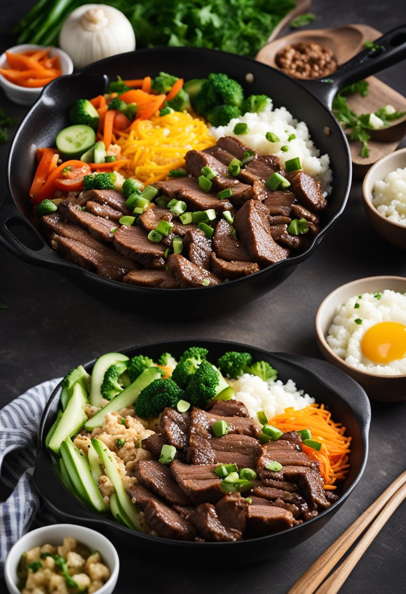 A sizzling skillet holds a colorful Keto Korean Beef Bowl, with marinated beef, fresh vegetables, and a side of cauliflower rice