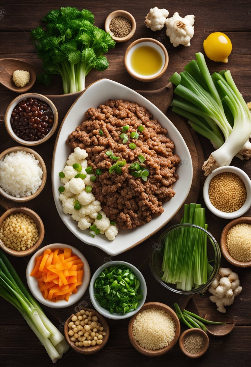 A wooden table with assorted ingredients: ground beef, garlic, ginger, soy sauce, sesame oil, green onions, and cauliflower rice