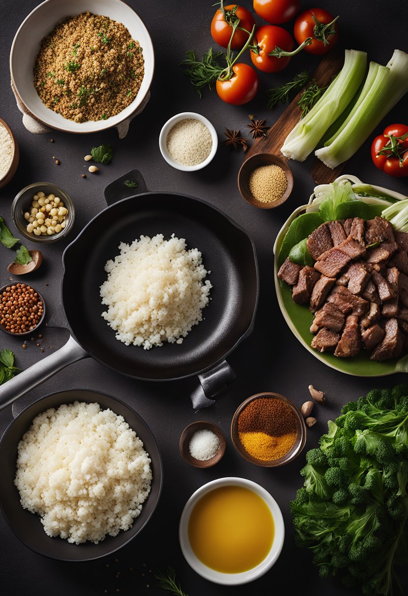 A kitchen counter with various fresh ingredients and spices laid out, a skillet sizzling with marinated beef, and a bowl of cauliflower rice ready to be topped with the flavorful meat