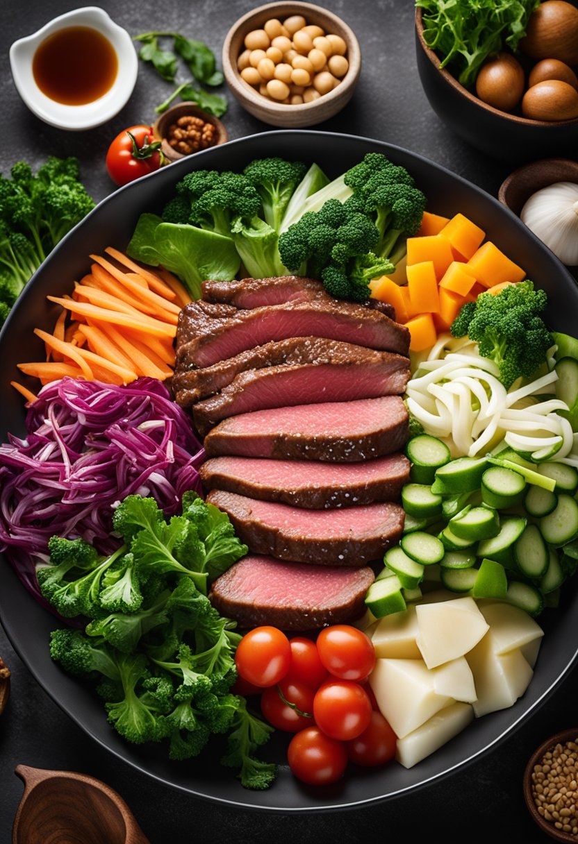 A colorful spread of fresh ingredients like lean beef, leafy greens, and assorted vegetables, arranged around a bowl of keto Korean beef