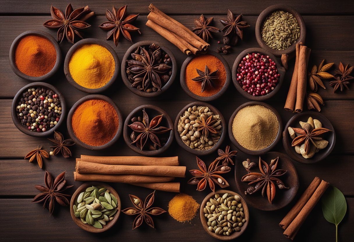 Uma mesa coberta com uma variedade de especiarias coloridas e aromáticas, incluindo paus de canela, anis-estrelado, vagens de cardamomo e pimentas secas.