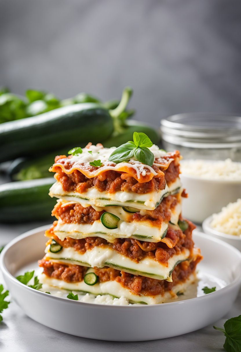 A keto lasagna being prepared with layers of zucchini, ground turkey, ricotta cheese, and marinara sauce in a glass baking dish