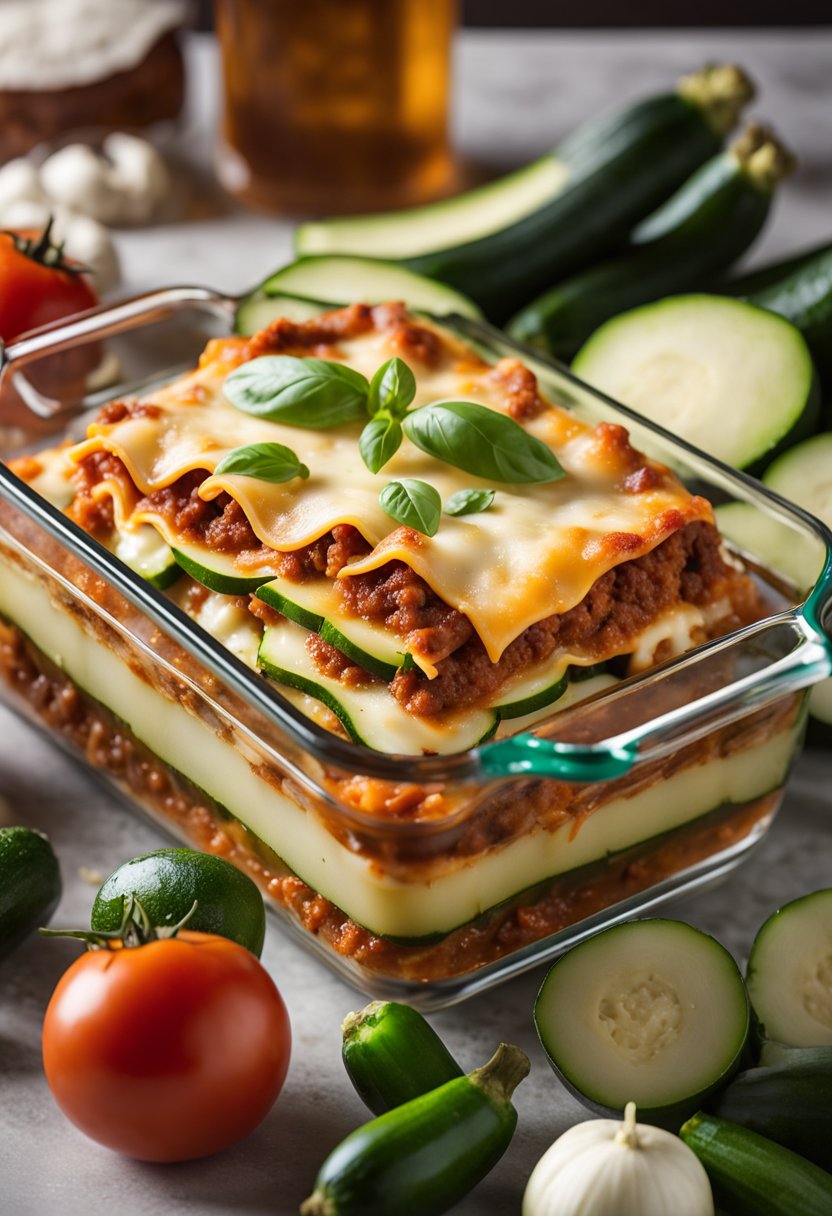 A keto lasagna being assembled with layers of zucchini, ground meat, cheese, and tomato sauce in a glass baking dish