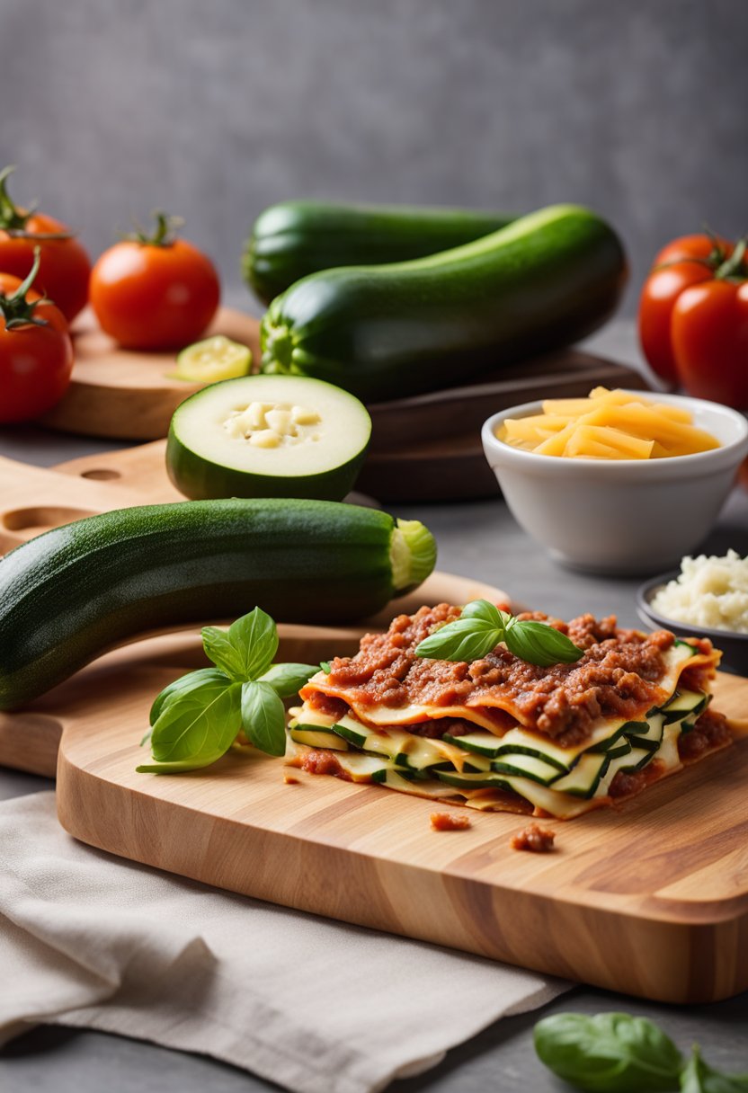 A cutting board with sliced zucchini, ground beef, cheese, and marinara sauce arranged for keto lasagna preparation