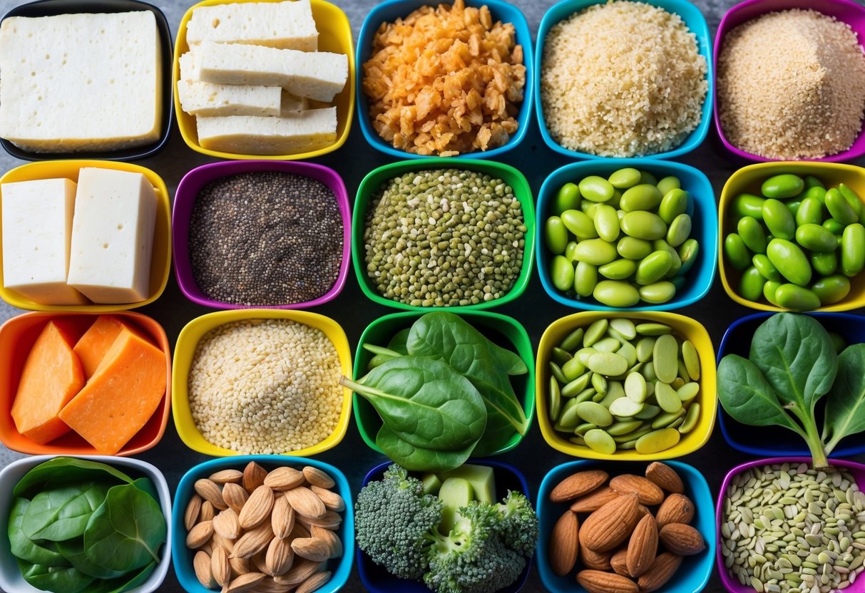 A colorful array of vegan protein sources: tofu, tempeh, quinoa, chia seeds, hemp seeds, edamame, seitan, nutritional yeast, spirulina, spinach, broccoli, and almonds