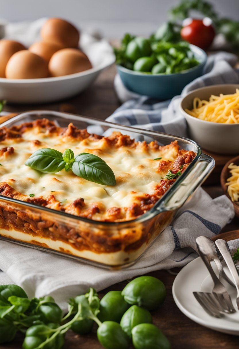 A kitchen counter with a freshly baked keto lasagna in a glass baking dish, surrounded by colorful ingredients and utensils