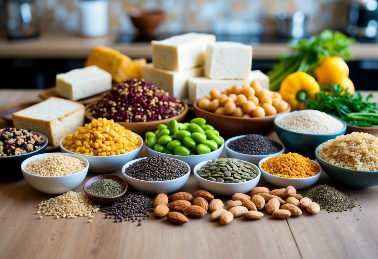 A colorful array of quinoa, tofu, tempeh, seitan, edamame, chickpeas, lentils, hemp seeds, chia seeds, almonds, spirulina, and nutritional yeast