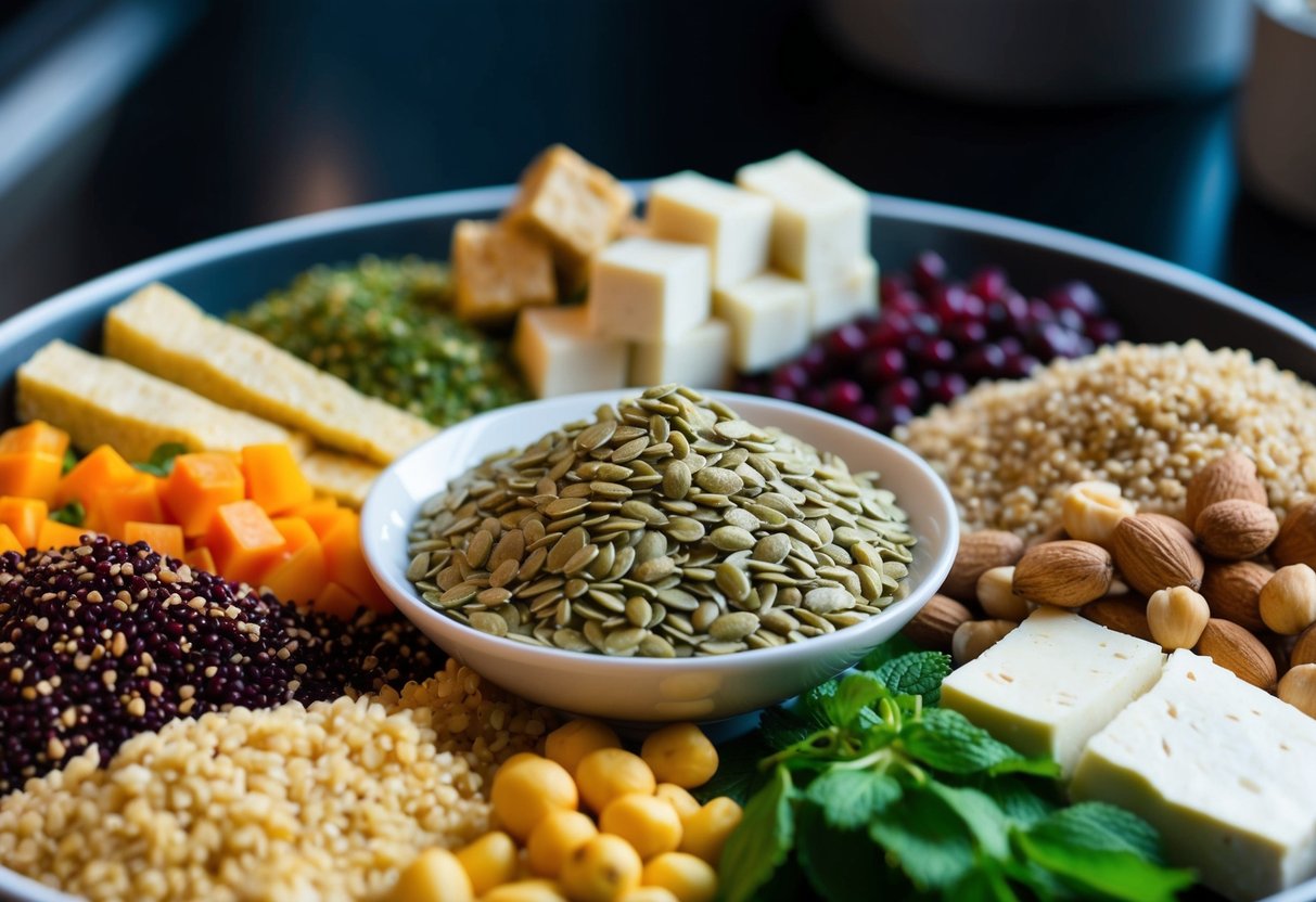 A bowl of hemp seeds surrounded by various sources of vegan protein, such as quinoa, tofu, and nuts, arranged in a colorful and appetizing display