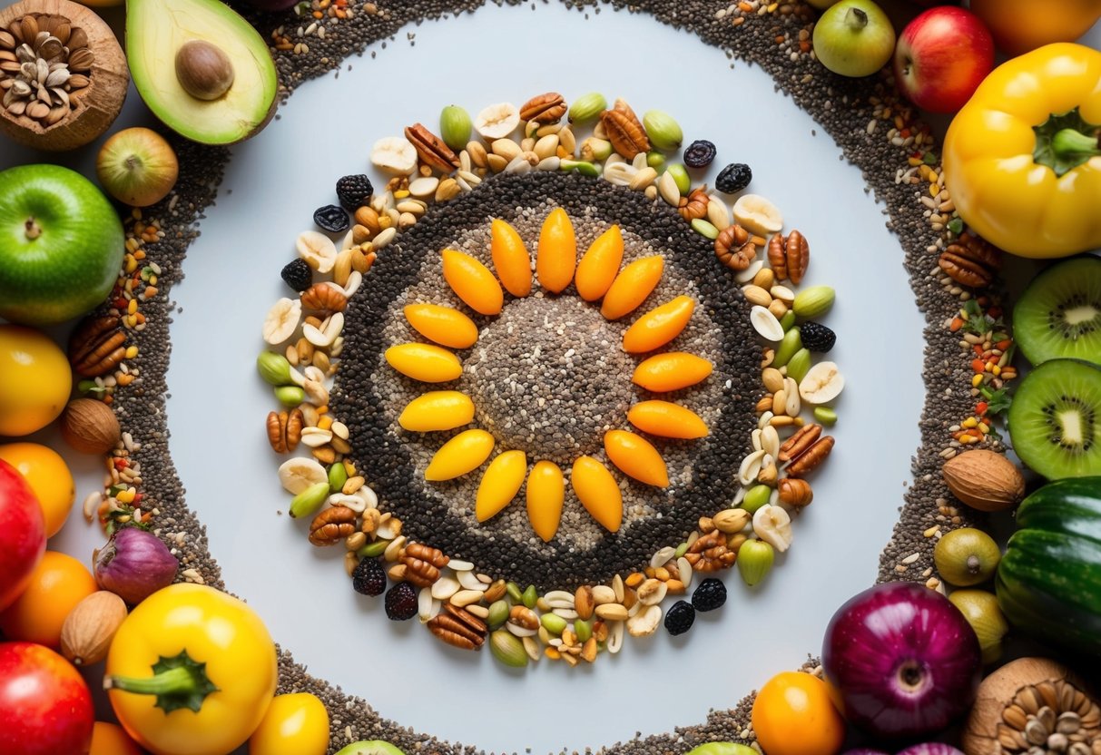 A colorful array of chia seeds, nuts, and grains arranged in a circular pattern, surrounded by vibrant fruits and vegetables