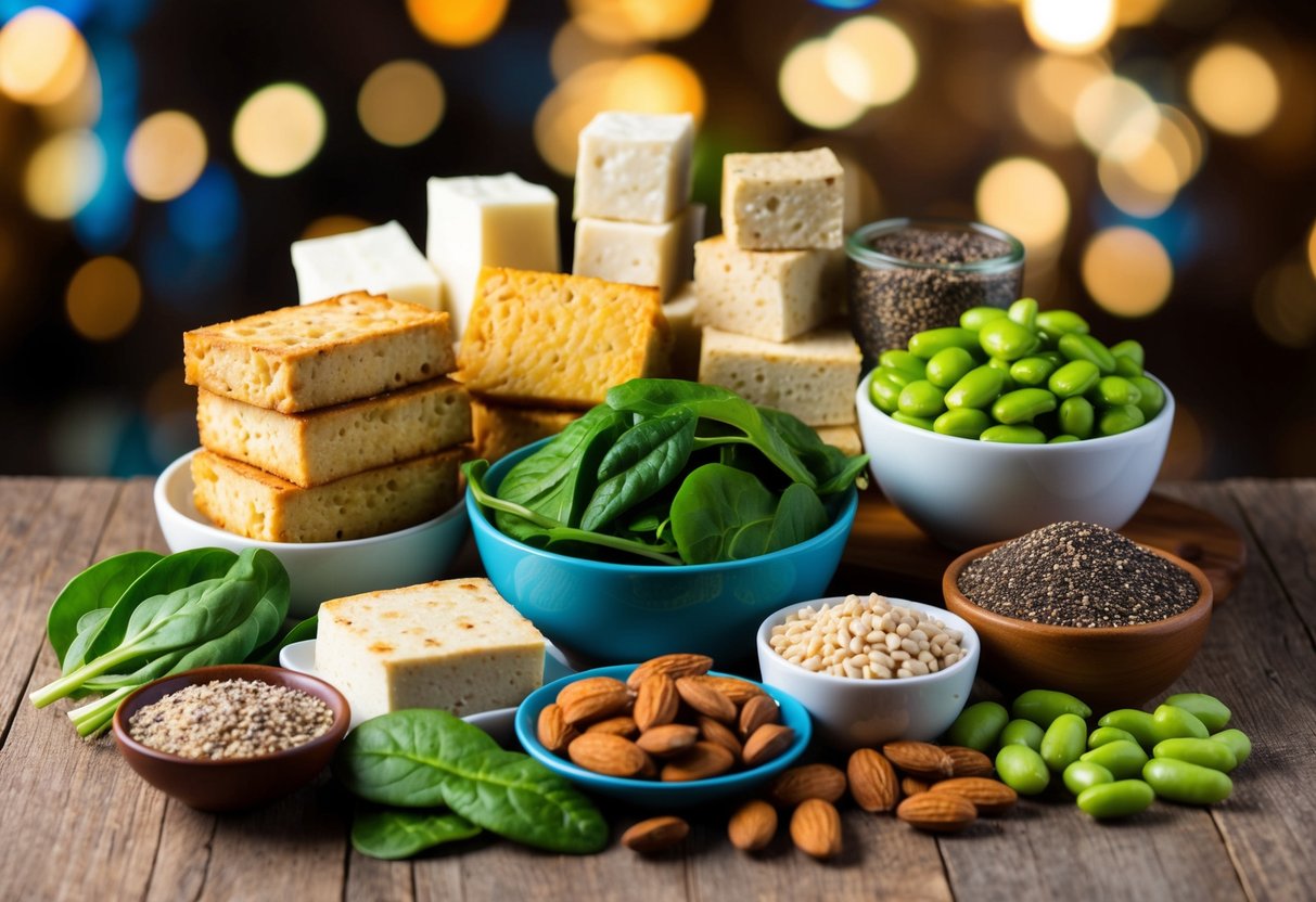 A variety of tempeh, tofu, quinoa, chia seeds, spinach, almonds, edamame, and more arranged in a colorful and appetizing display